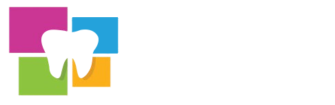 Colorful dental logo with a white tooth and four colored squares in pink, blue, green, and orange